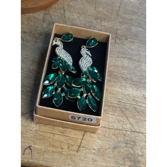 Peacock Crystal Drop Earrings With Green Gemstones - Picture 3 of 9